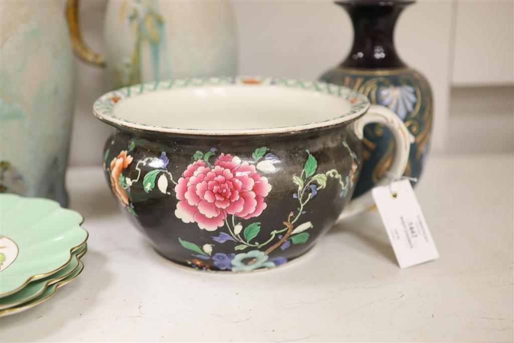 A quantity of mixed ceramics to include three Shelley fruit plates, a Whieldon ware bed pan, a pair of ewers and a vase